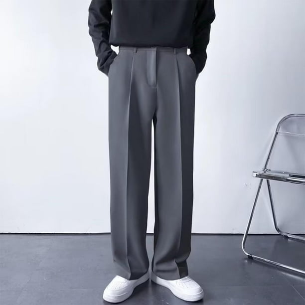 Pantalones largos para hombre, color liso, con cremallera, botones, pierna recta, pierna ancha, pantalones de traje casuales, pantalones de poliéster para hombre