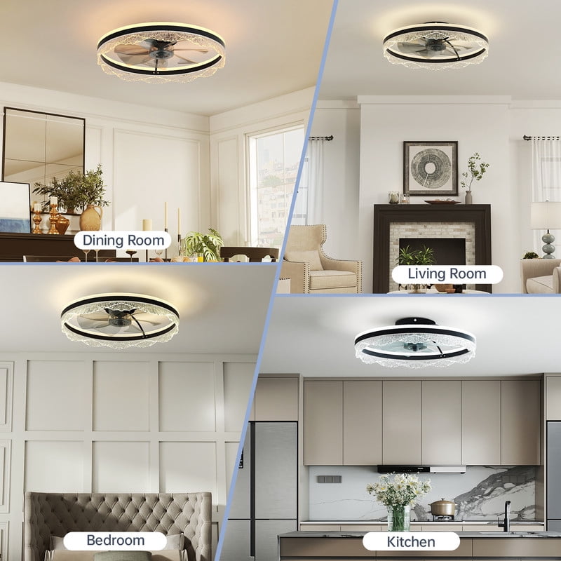 TICOZE 24" Flush Mount Ceiling Fan with Light - Ultra Quiet Crystal LED Fan Light with Hidden Blades, Remote/APP Control & Dimmable 3-Color Lighting for Bedroom, Living Room
