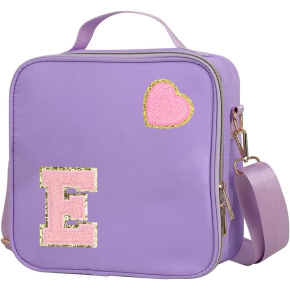 shiyou-Insulated Nylon Lunch Box for Girls, Kids, and Women-Stylish Purple Preppy Large Lunch Bag with Adjustable Strap (Letter E), Tote for School, Travel, and Picnics-Ideal Preppy Stuff Choice