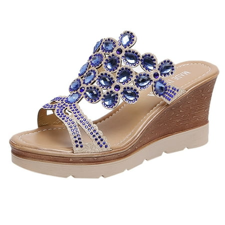 

keusn platform slide wedge peep toe sandals for women rhinestone slip-on wedges shoes blue size 8.5