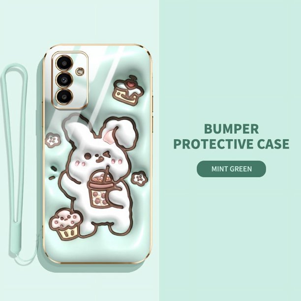 Funda Linda Samsung Galaxy M54 M14 A54 A24 A14 4G 5G Dibujos Animados Little White Rabbit Con Cuerda De Silicona De Lujo Galvanizada De Alta Calidad Agujero Fino Para Teléfono
