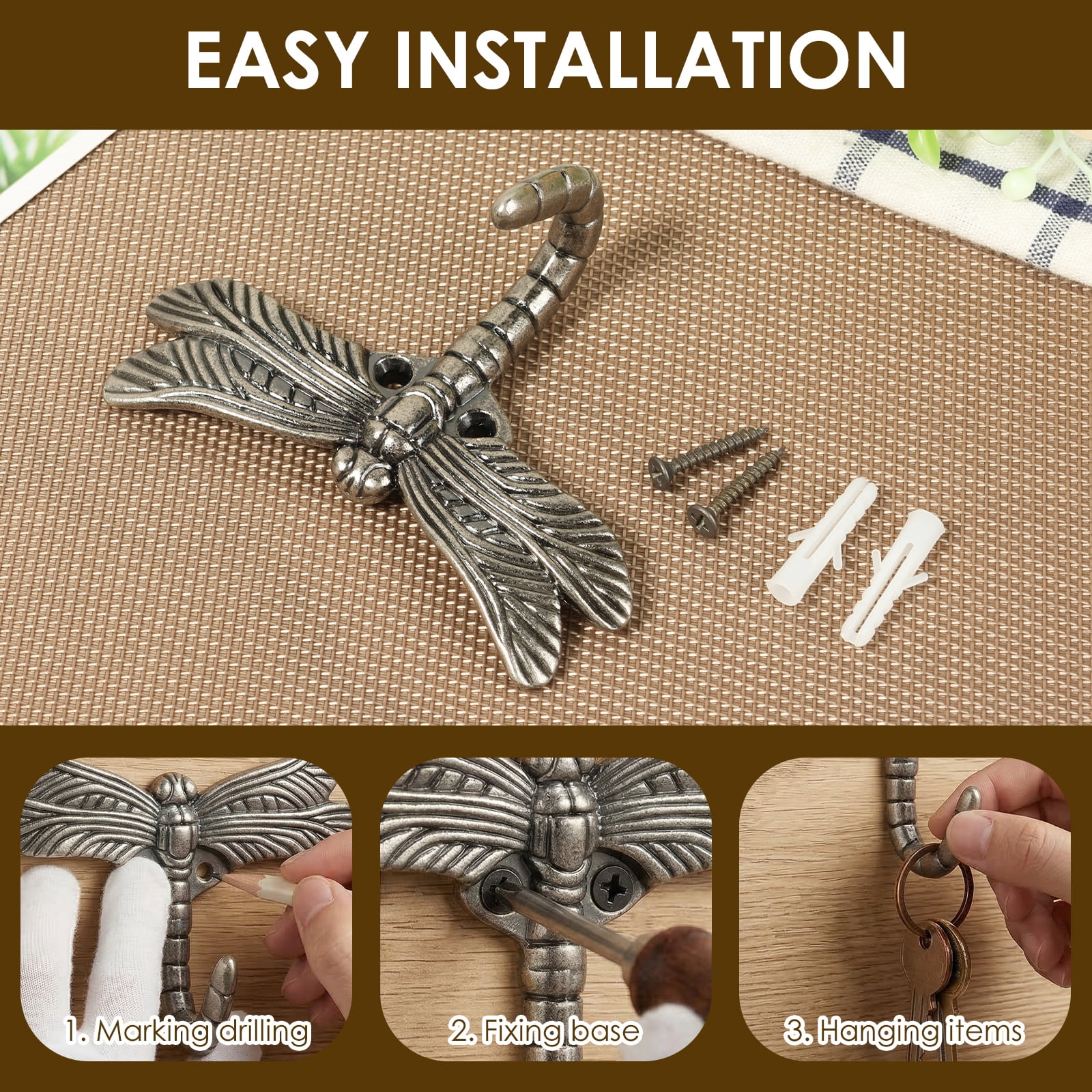 Atopoler 6 Pcs Dragonfly Hook,Wall Mounted Coat Rack Heavy Zinc Alloy Decorative Hook for Towel Robe Clothes Hat Bag Key,4.52 x 3.14 inches