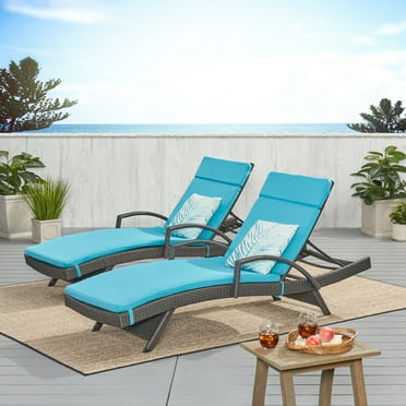 Anthony Outdoor Wicker Armed Chaise Lounges with Cushions, Set of 2, Grey, Blue