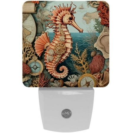 PhooArto Seahorse Vintage Map Plug in LED Night Light Auto Sensor Dusk to Dawn Decorative Night for Bedroom Bathroom Kitchen Hallway Stairs Baby s Room Energy Saving