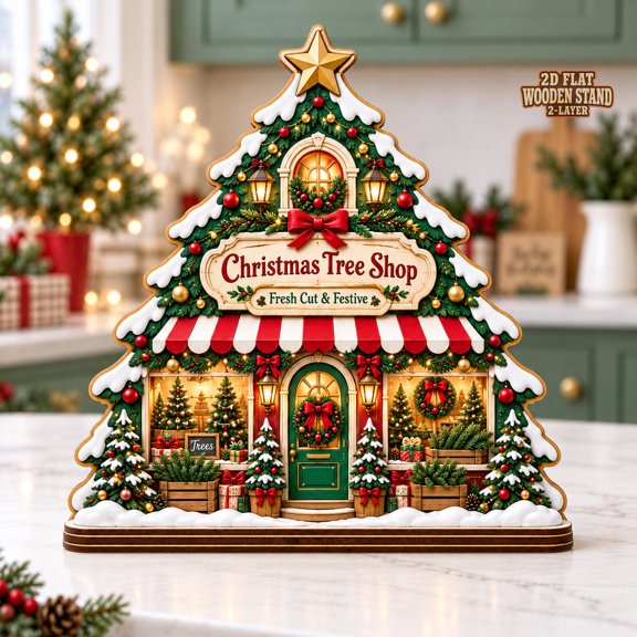 Christmas Wooden Block Festive Tree Shop Two Layered Countertop Display for Holiday Hosting