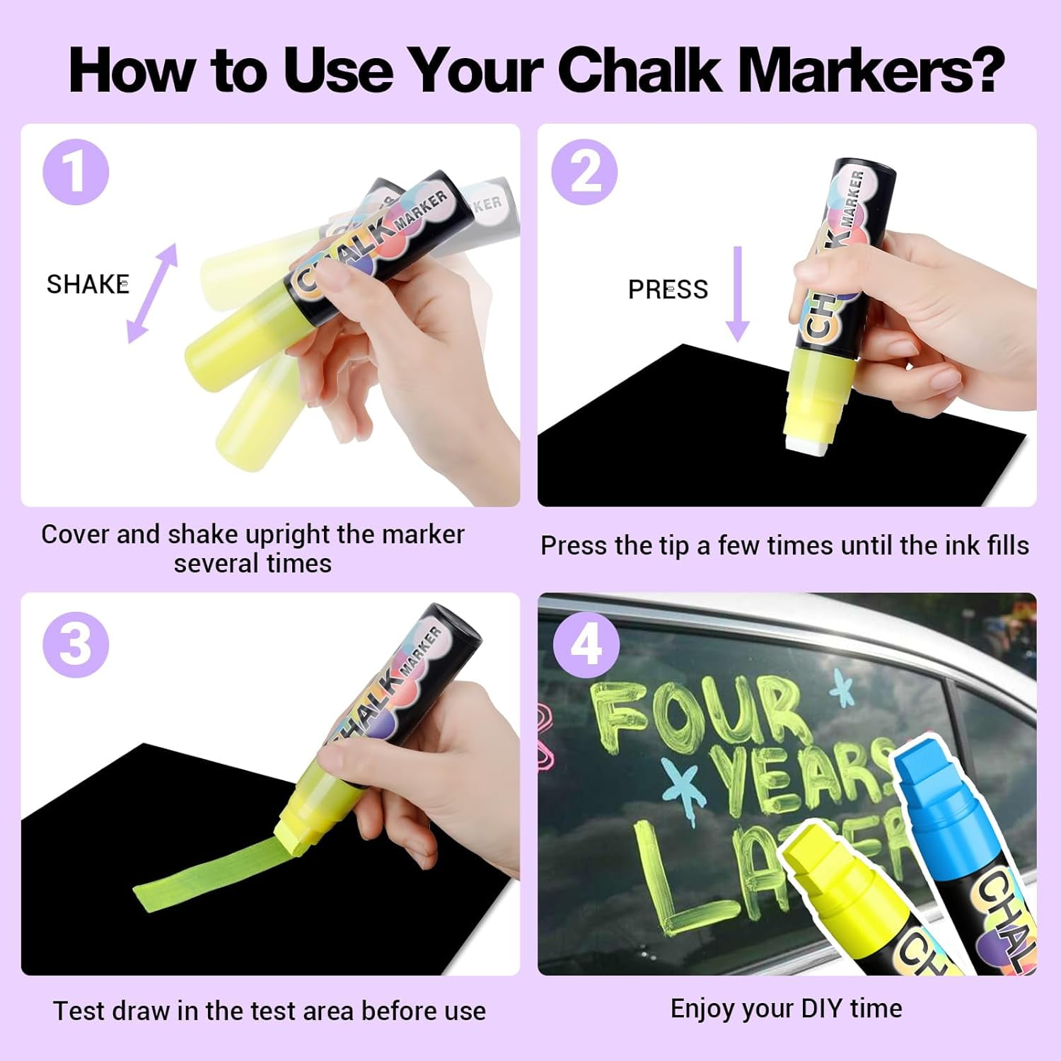 8 Pack 15mm Jumbo Liquid Chalk Marker,Window Paint Markers,Neon Glass Markers Pen, Wet Erase for Cars, Auto, White Board, Chalkboard, Black board, Tire, Mirrors, Bistro