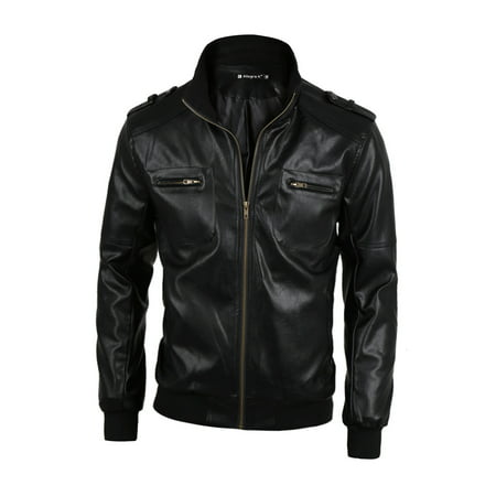 Unique Bargains  Men's Stand Collar Zip Up Imitation Leather Jacket