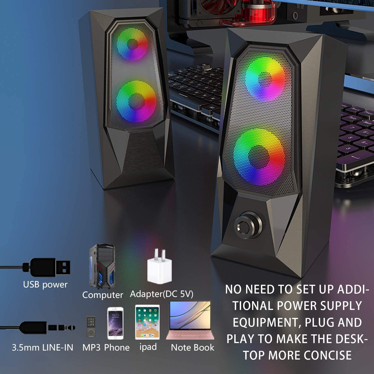 Computer Speakers,Rgb Color Led Light-Emitting Speakers,Stereo Subwoofer Computer Speakers,Usb2.0 Channel Pc Speakers