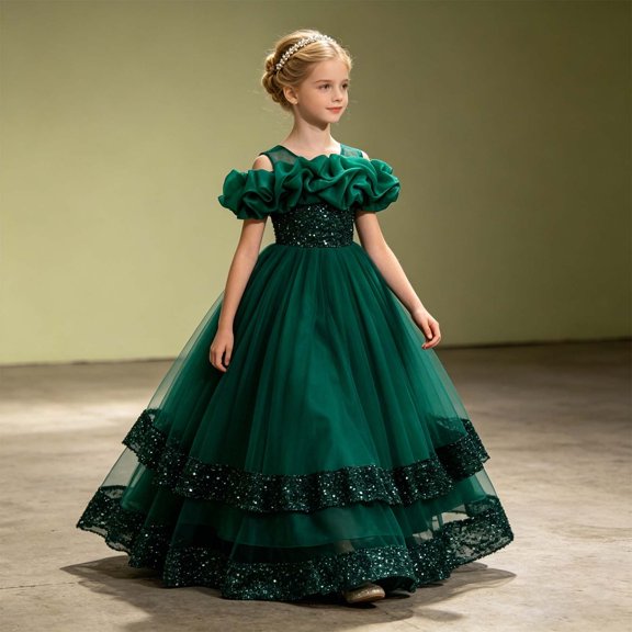 HAYIMI Child Girls Sparkly Layered Tutu Party Dress Glitter Formal Gown For Toddler Kids O-Neck Puff Sleeve Boho Dresses