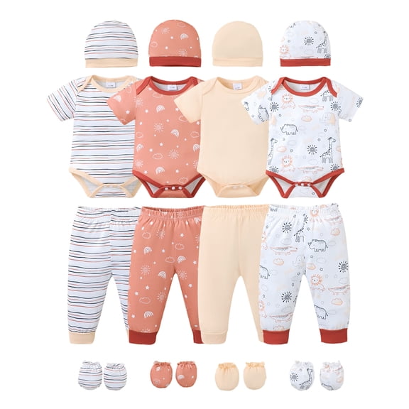 KIMI BEAR Newborn Preemie Baby Girls Layette Sets 4 Packs Shower Gift Essential Clothing Short Sleeves Romper Pants Dinosaurs Clothes with Hats and Gloves 16pcs Outfits Multicolor