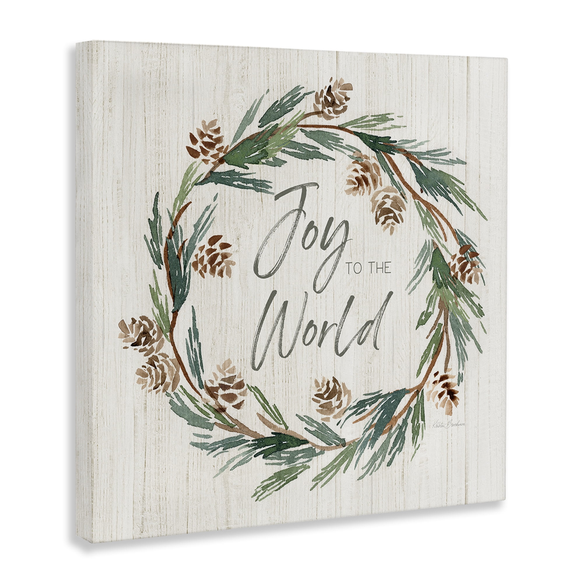 Stupell Industries Joy Pinecone Wreath Holiday Painting Gallery Wrapped Canvas Art Prints Wall Art, 24 x 24