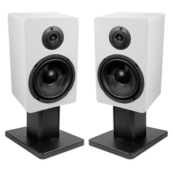 (2) Rockville RockShelf 64W White 6.5" Home Bookshelf Speakers 8" Speaker Stands
