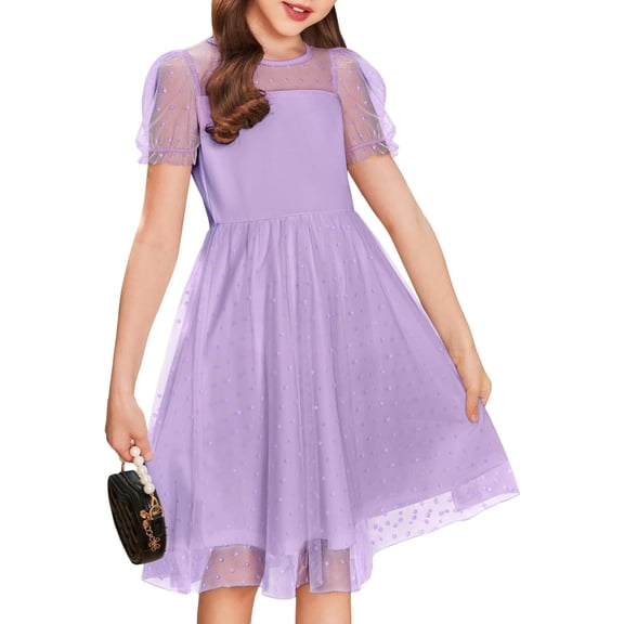Arshiner Girls Dress Contrast Mesh Puffy Short Sleeve A Line Casual Party Dress