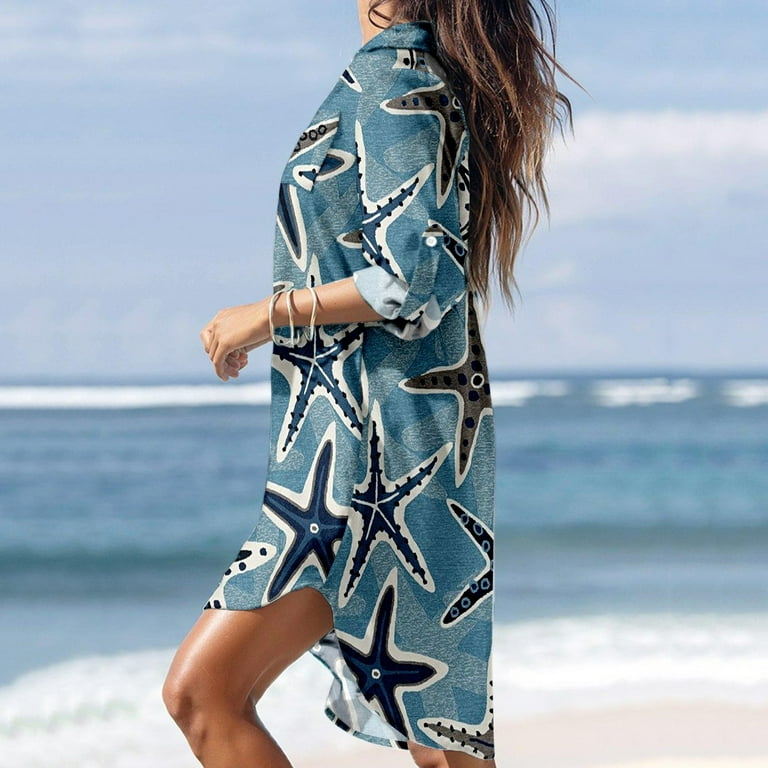 Women's Shirt Dresses Swim Summer Beach Turn-down Collar Long