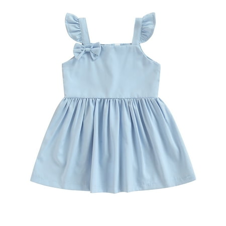 

CenturyX Kids Baby Girl Summer Dress Solid Color Fly Sleeve A-line Dress with Bowknot Sundress Blue 18-24 Months