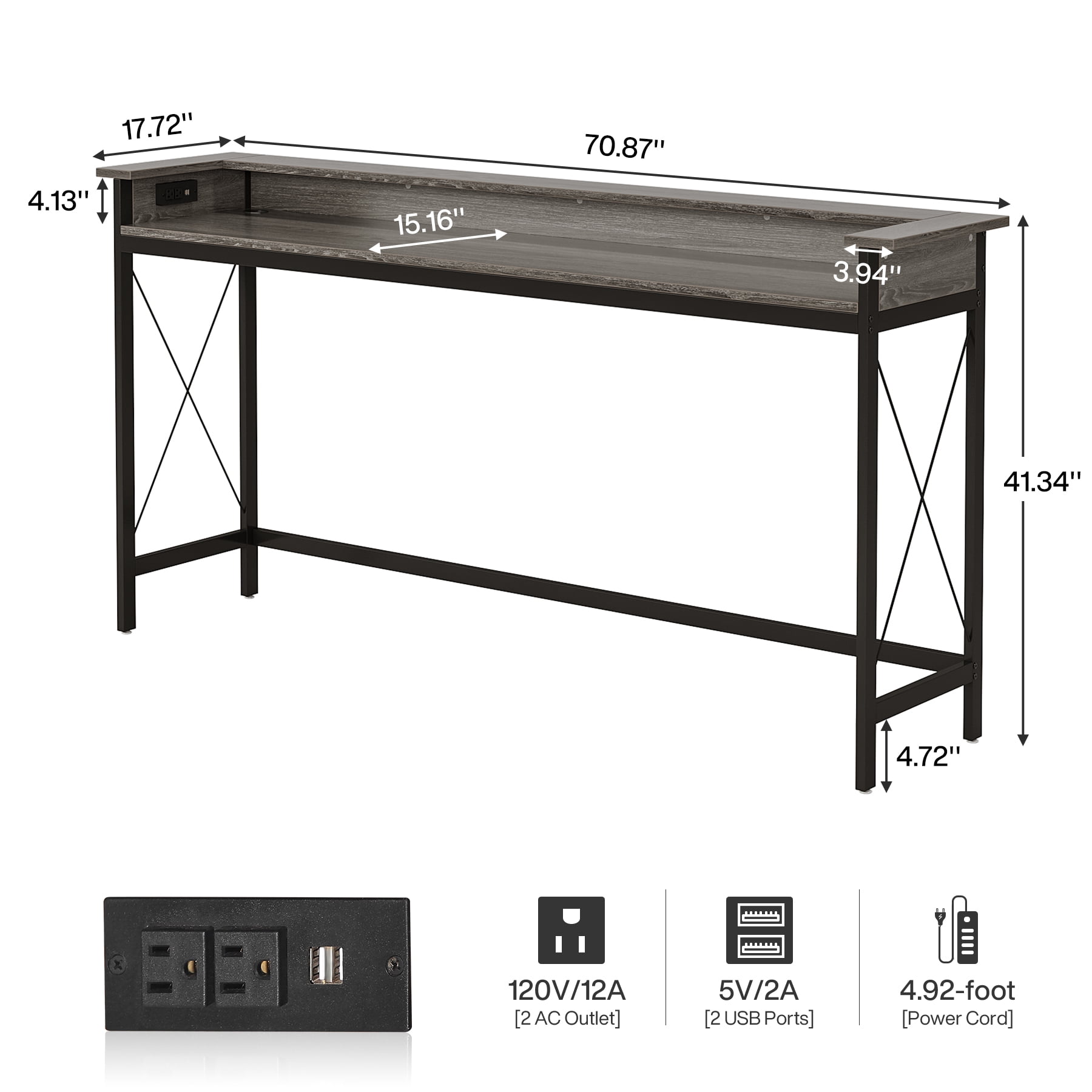Fnova 70.9" Console Table, Extra Long Sofa Table with Outlets and USB Ports, Industrial Entryway Table with Charging Station, Narrow Hallway Accent Table for Living Room, Hallway, Foyer