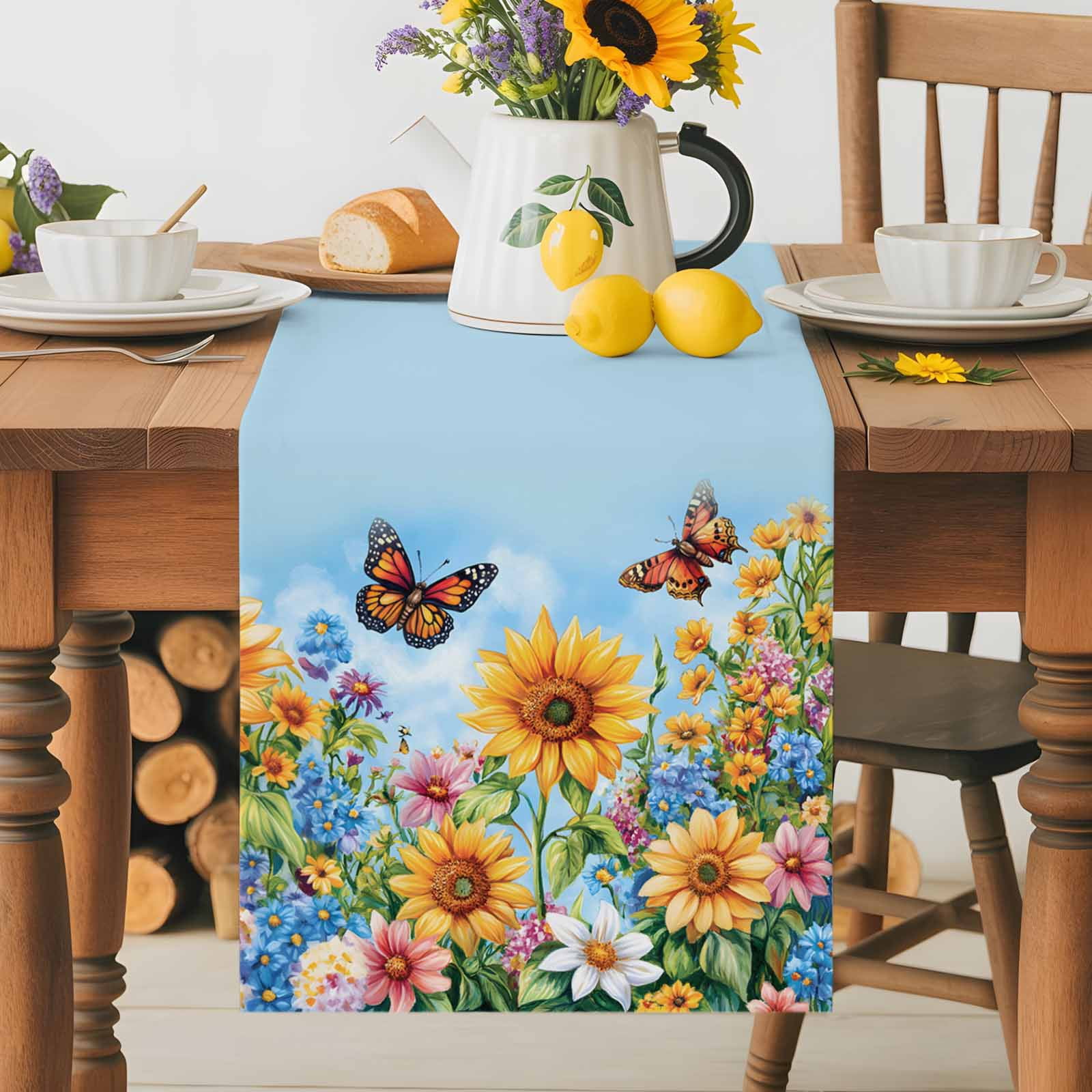 Farm Sunflower Butterfly Table Runner 90 Inches Long, Watercolor Wildflower Blue Sky Table Runners Tabletop Scarf Kitchen Dining Tables Decoration for Home Party Indoor Outdoor
