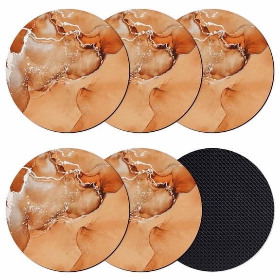 Marble Burnt Orange Coasters Set of 6, Modern Abstract Ink Painting Luxury Absorbent Coasters for Drinks, Coaster for Bar Office Dining Coffee Table Accessories Decor, Non Slip Round Desk Coaster