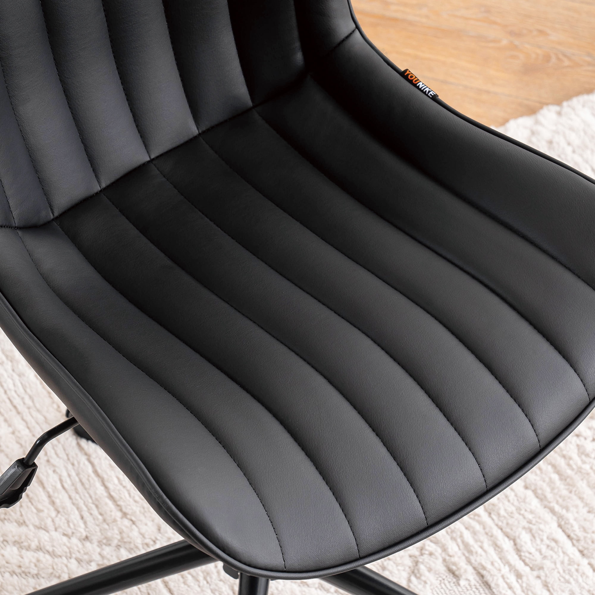 YOUNIKE Cute Armless Office Desk Chair Modern Upholstered Faux Leather Swivel Task Chair, Black