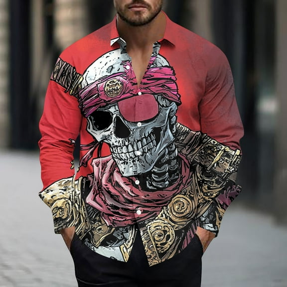 Zylanna Men's Button up Shirts, Turndown Collar Long Sleeve Halloween Print Breathable Casual Shirts for Men Red