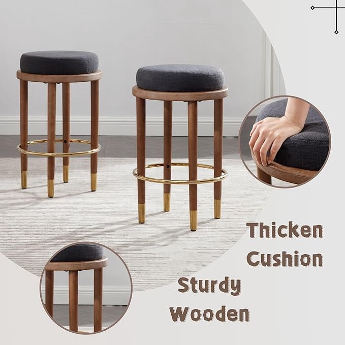 Guyou 26" Backless Counter Height Bar Stool Set of 2, Modern Round Linen Upholstered Stools, Farmhouse Wooden Kitchen Island Chairs for Restaurant Kitchen Bistro, Charcoal