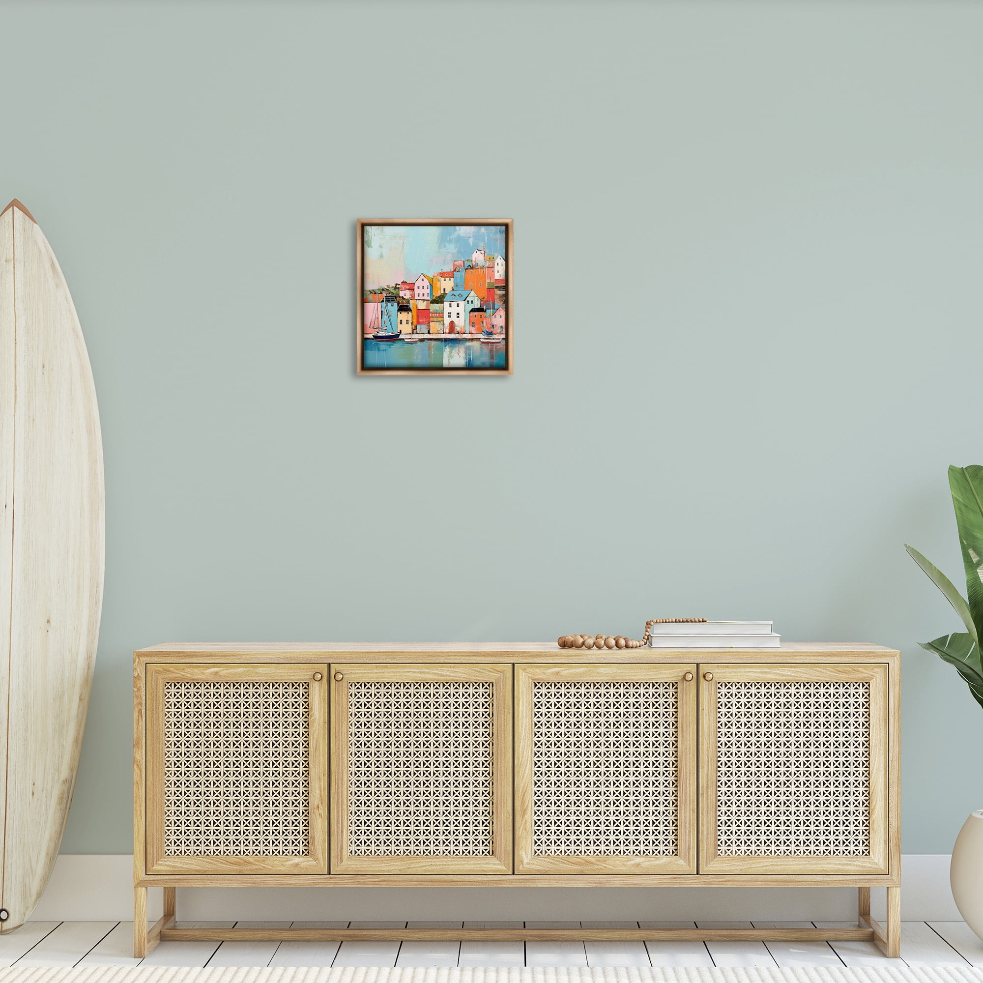 Stupell Industries Seaside Neighborhood Painting Transportation Painting Brown Floater Framed Canvas Art Print Wall Art, 18 x 18