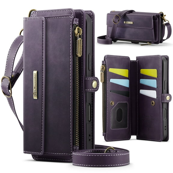 ELEHOLD Multi-Functional Wallet Case For iPhone 17, Luxury PU Leather Shockproof Card Slots Zipper Pocket Card Holder Phone Case with Detachable Shoulder Strap,Purple