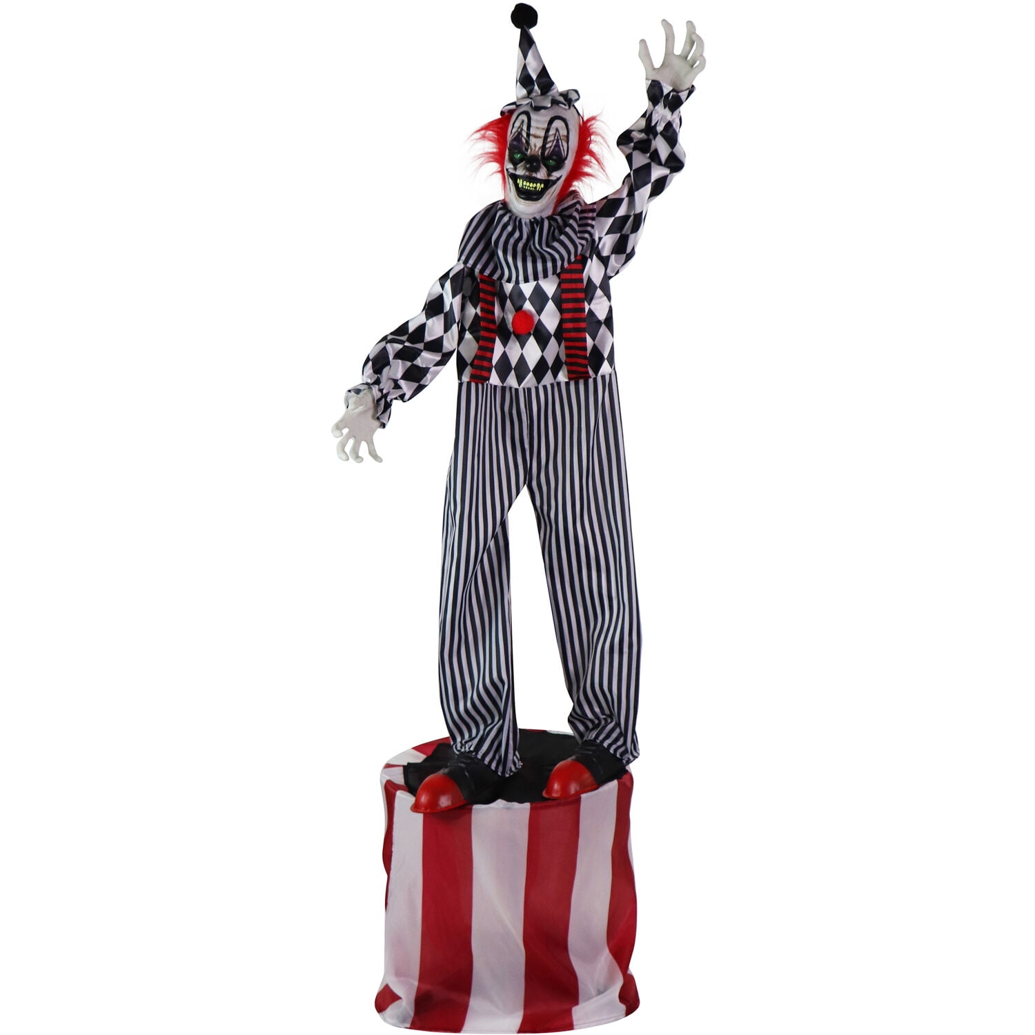 Haunted Hill Farm 6 ft Animatronic Talking Clown on a Stage with Movement and Light-Up Eyes for Scary Halloween Decoration, HHCLOWN-31FLSA