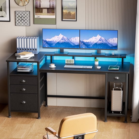 Satifur Computer Desk with 4 Drawers, 61 Inch Reversible Desk with Led Lights & Power Outlet, Home Office Desk with File Drawer & Monitor Stand, Black