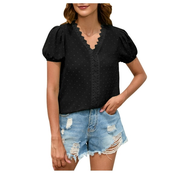 Mittory Womens Tops Short Sleeve V Neck Blouses Dressy Casual Flowy Polka Dots Ruffle Sleeve Shirts