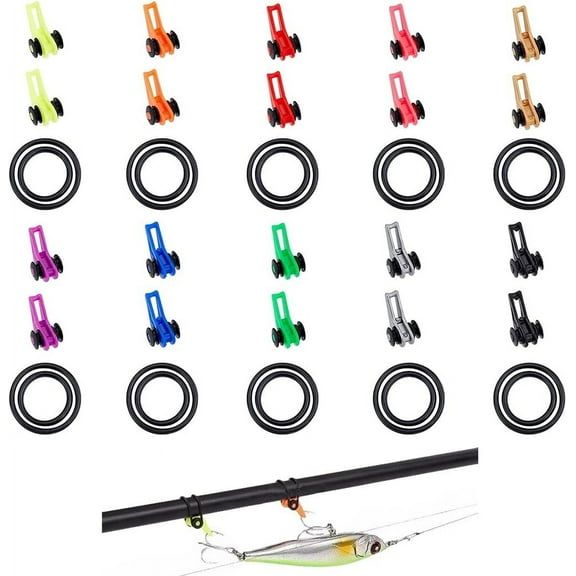 50pcs 10Colors Fishing Rod Hook Keeper with 100Pcs 2 Sizes Silicone Rings Fishing Lure Bait Holder Plastic Fishing Pole Hook Keeper