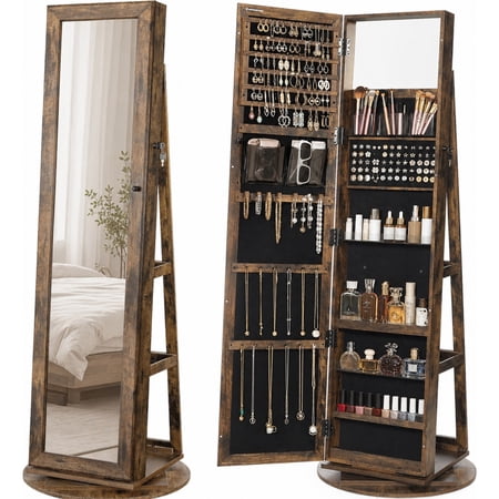 Nordic Hygge 360° Swivel Lockable Jewelry Cabinet with Full-Length Mirror & Rear Storage – Rustic Brown