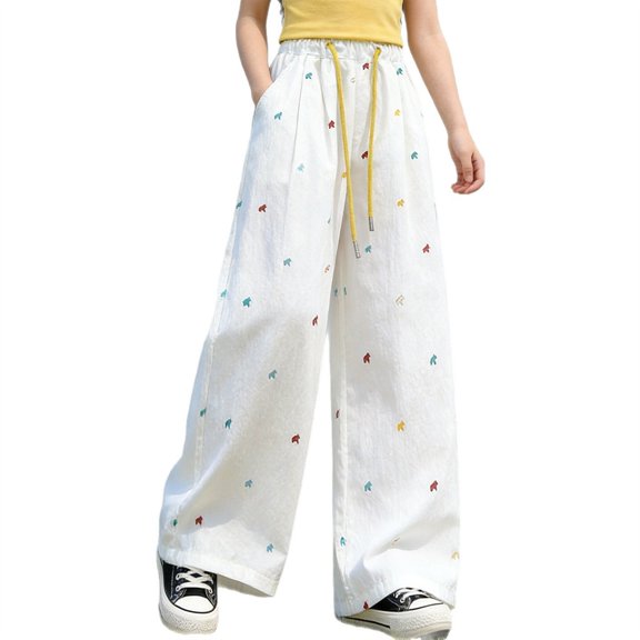Generic Girls Sweatpants Preppy Kids Wide Leg Baggy Sweatpants Lightweight Graphic Joggers Casual Trousers with Pockets Daily Wear