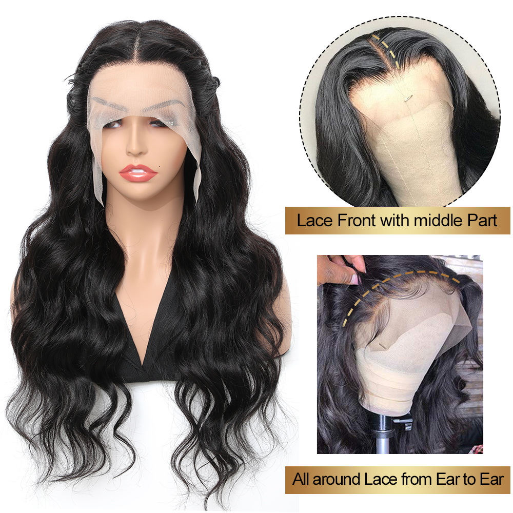 Body Wave Lace Front Wigs Human Hair 13x4x1 T-Part Lace Front Wigs 10A Brazilian Virgin Human Hair Transparent Lace Front Wigs for Black Women 150% Density Human Hair Wigs Natural Black