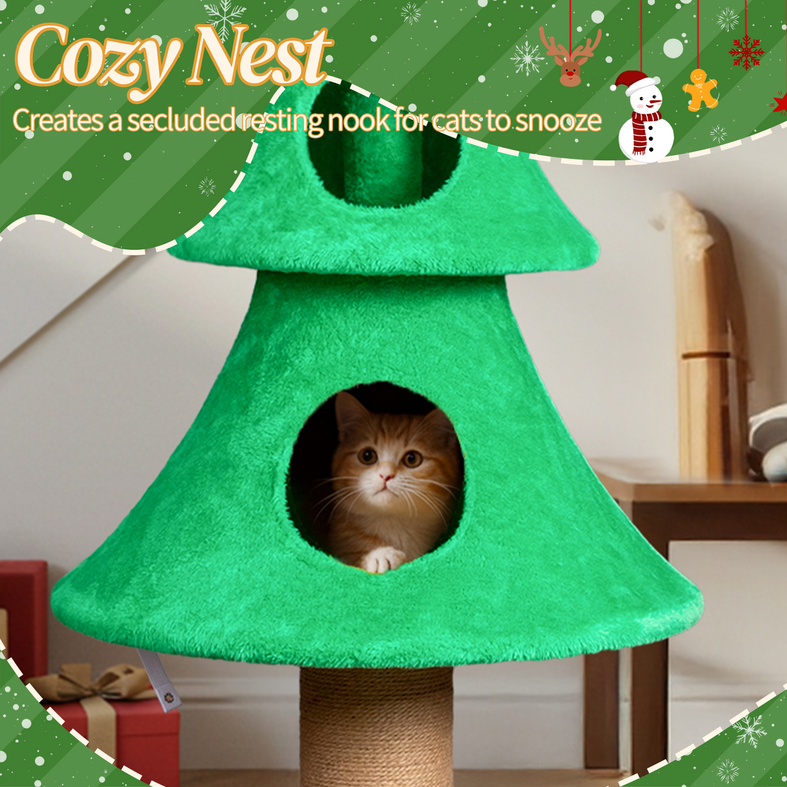 Zephypaws 59" Christmas Tree Cat Tower with 2 Cozy Condos, Plush Fleece Cover, Sisal Scratching Post, Hanging Toy Ball, Wide Stable Base & Multi-Level Openings, Holiday Cat Furniture, Green