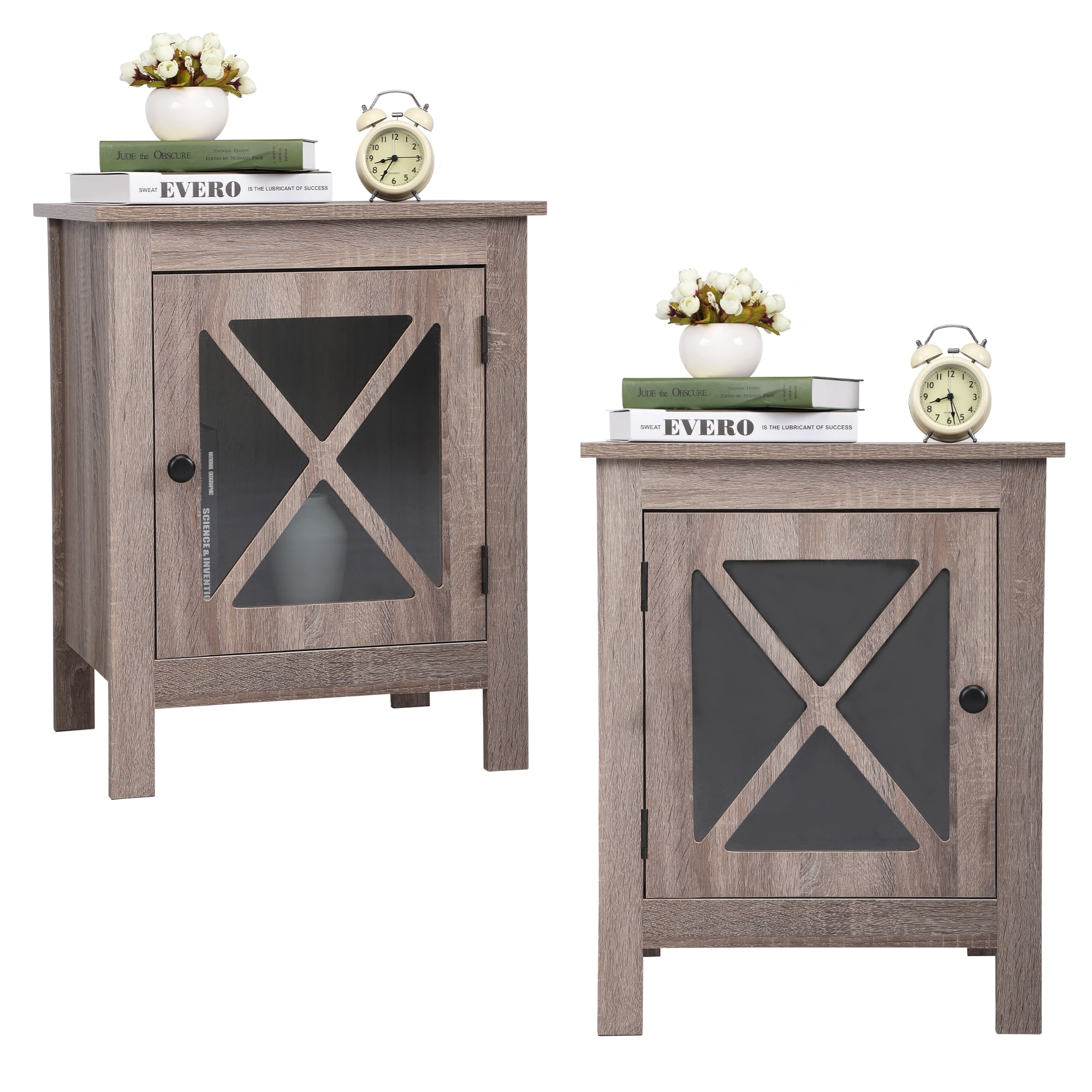 Wooden Nightstand, End Table Sofa Table with X-Design Glass Door, Side Table for Bedroom Living Room