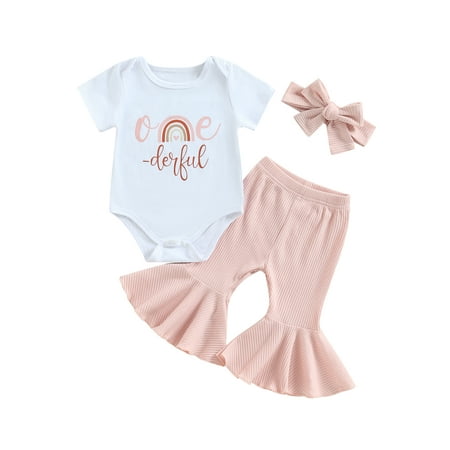 

Baby Girls Birthday Jumpsuits Set Summer Letter Print Short Sleeves Romper and Casual Ribbed Flare Pants Headband for Outdoor play Weddings Holidays