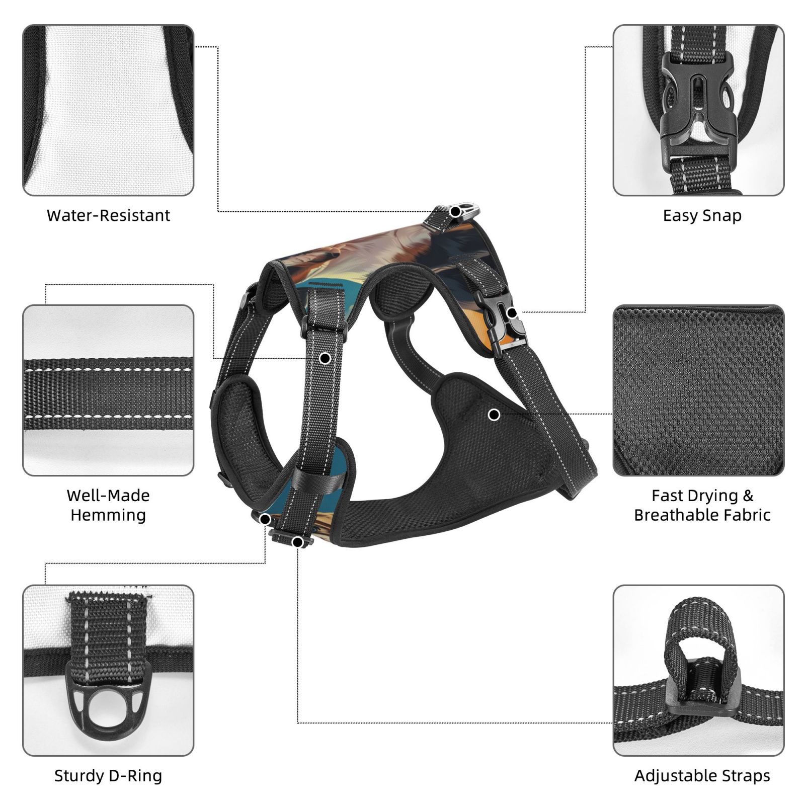Vsdgher Colorful Sky Puppy Pattern Dog Harness,No Pull Pet Harness with Soft Padded Handle,Adjustable Reflective Vest with 2 Buckles,4 Slide Buckles,S-XL X-Large