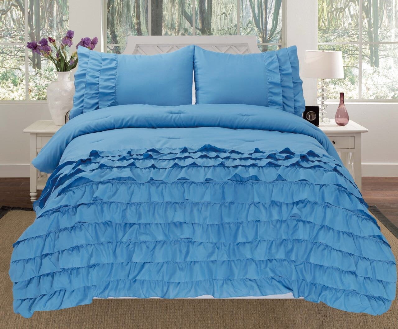 Empire Home 3 Piece Katy Pleated Ruffled Comforter Set King Size Light Blue