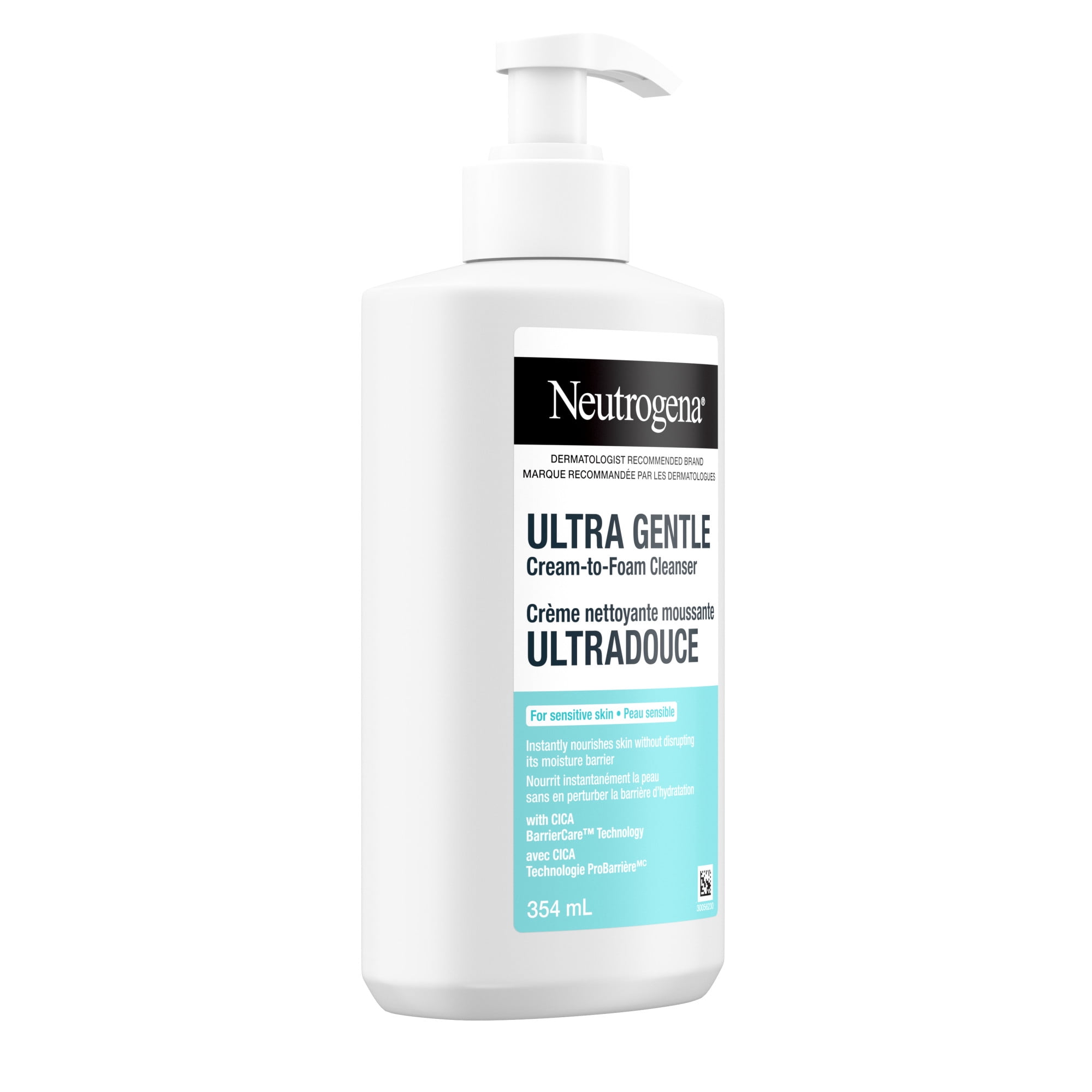 Neutrogena Ultra Gentle Cream-to-Foam Cleanser, Face Wash for Sensitive Skin, Dry Skin, Cleanser, Dermatologist Tested, Hypoallergenic, Cica, Fragrance Free, 354 mL