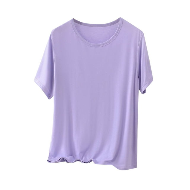 BLVB T-Shirts de Sommeil pour Femmes en Modal, Hauts de Pyjama Confortables et Amples, Col Rond, Couleur Unie, Manches Courtes, T-Shirts de Détente