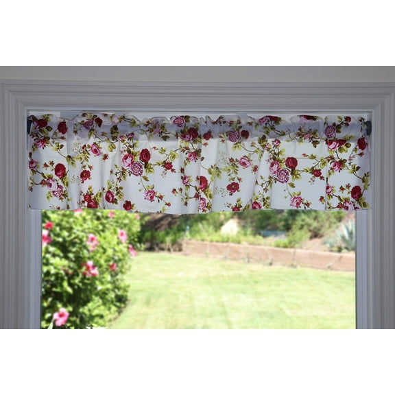 Cotton Window Valance Floral Print 58 Inch Wide Vintage Floral Large Roses Red on White