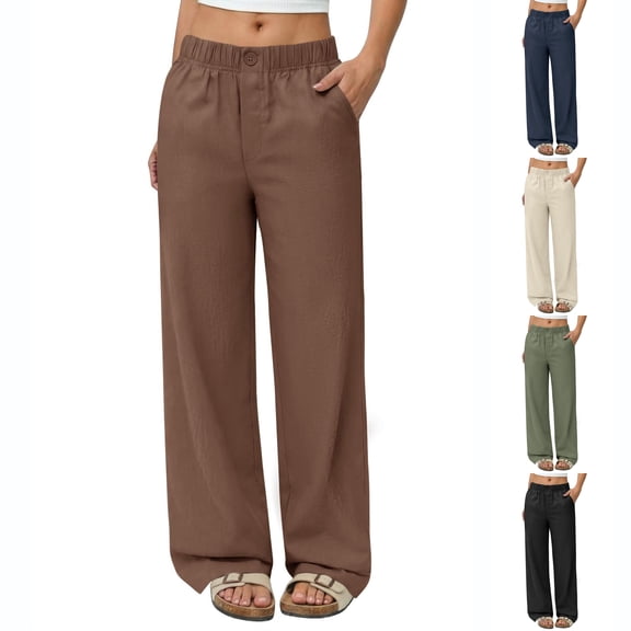 Nestiefly Linen Pants Women Wide Leg Palazzo Pants Flowy Elastic Waist Summer Beach Casual Trousers with Pockets 2026 Brown M