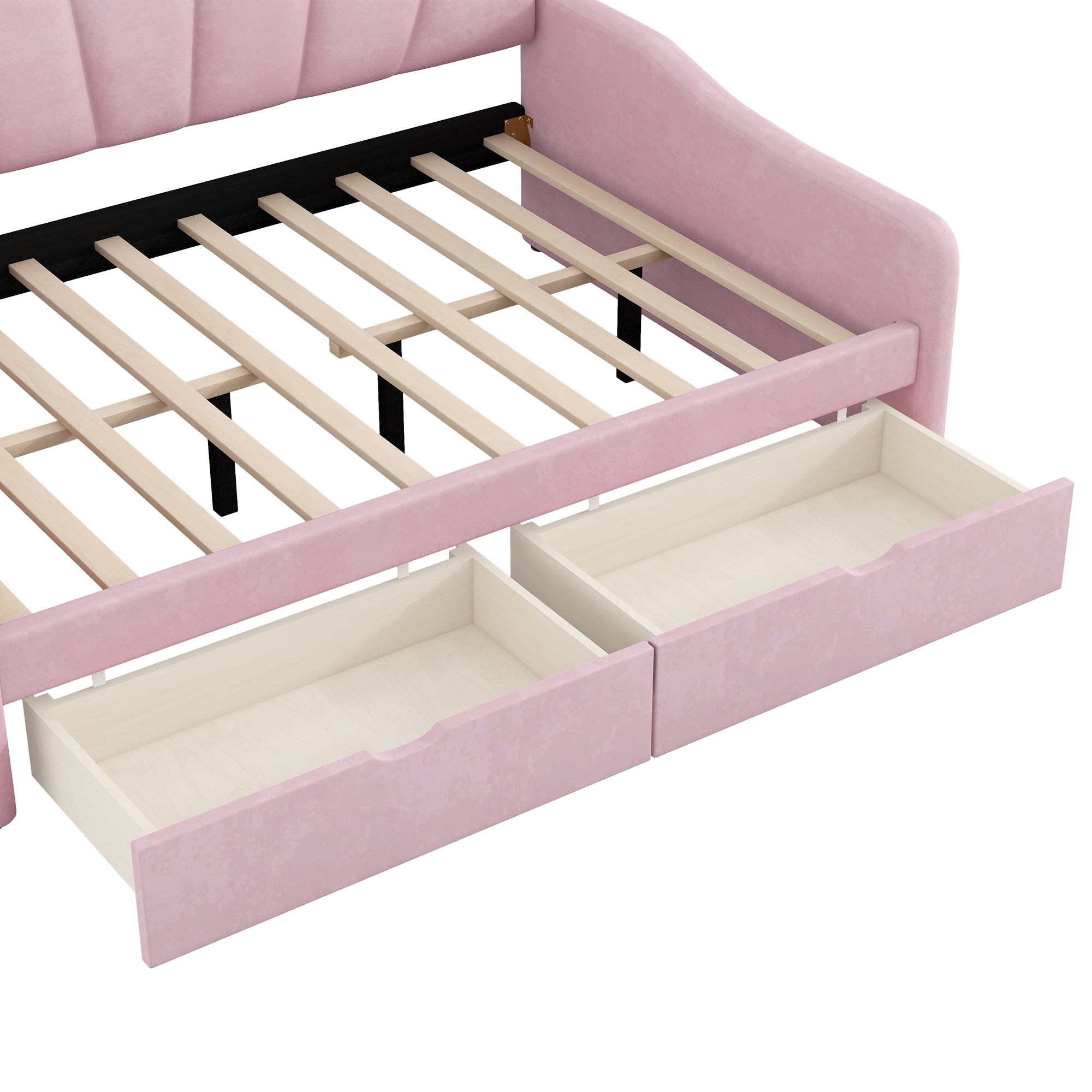 EUROCO Upholstery Full Size Platform Bed, Upholstered Daybed with Headboard and Drawers, Pink