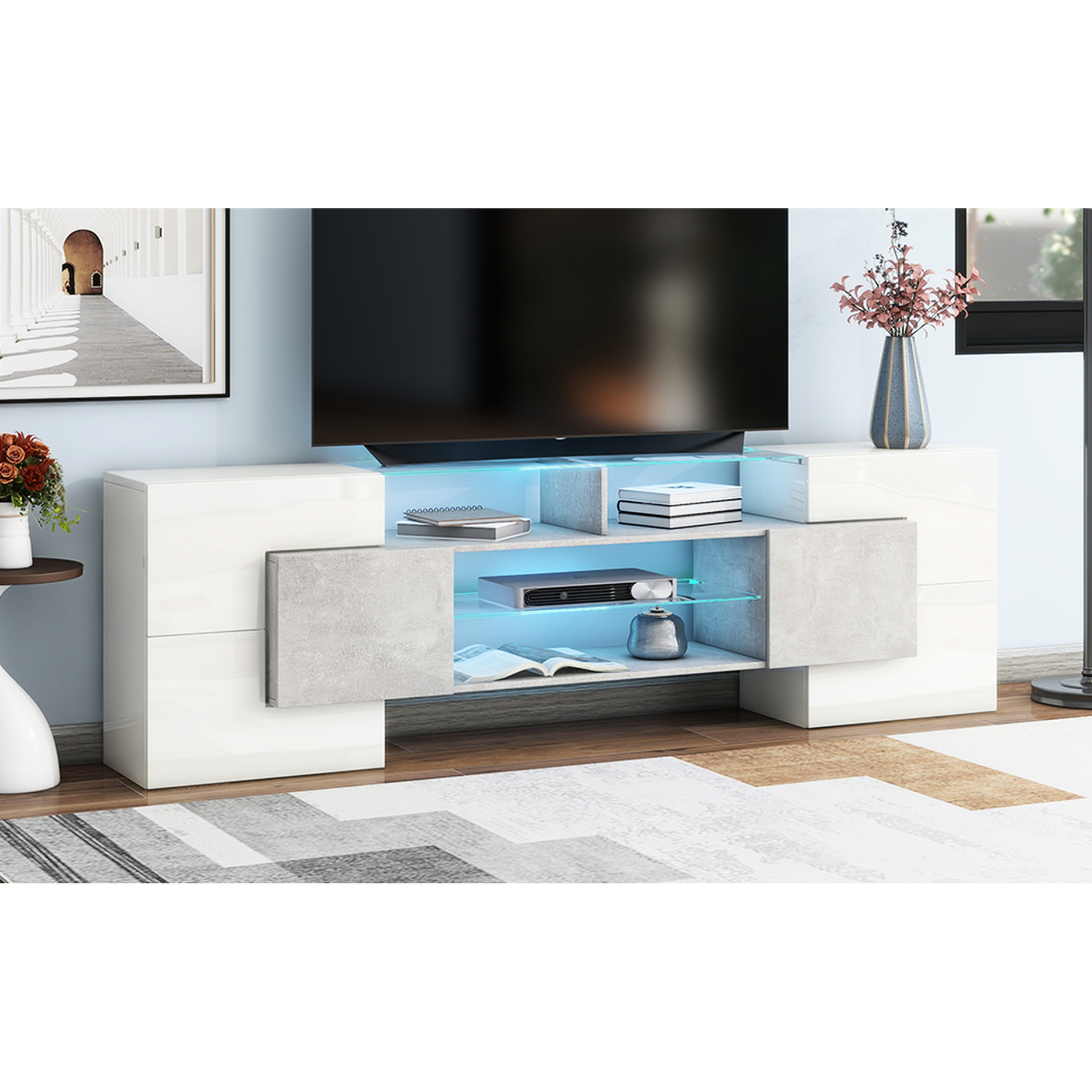 TV stand made of durable particle board with LED lights for storing multimedia in home
