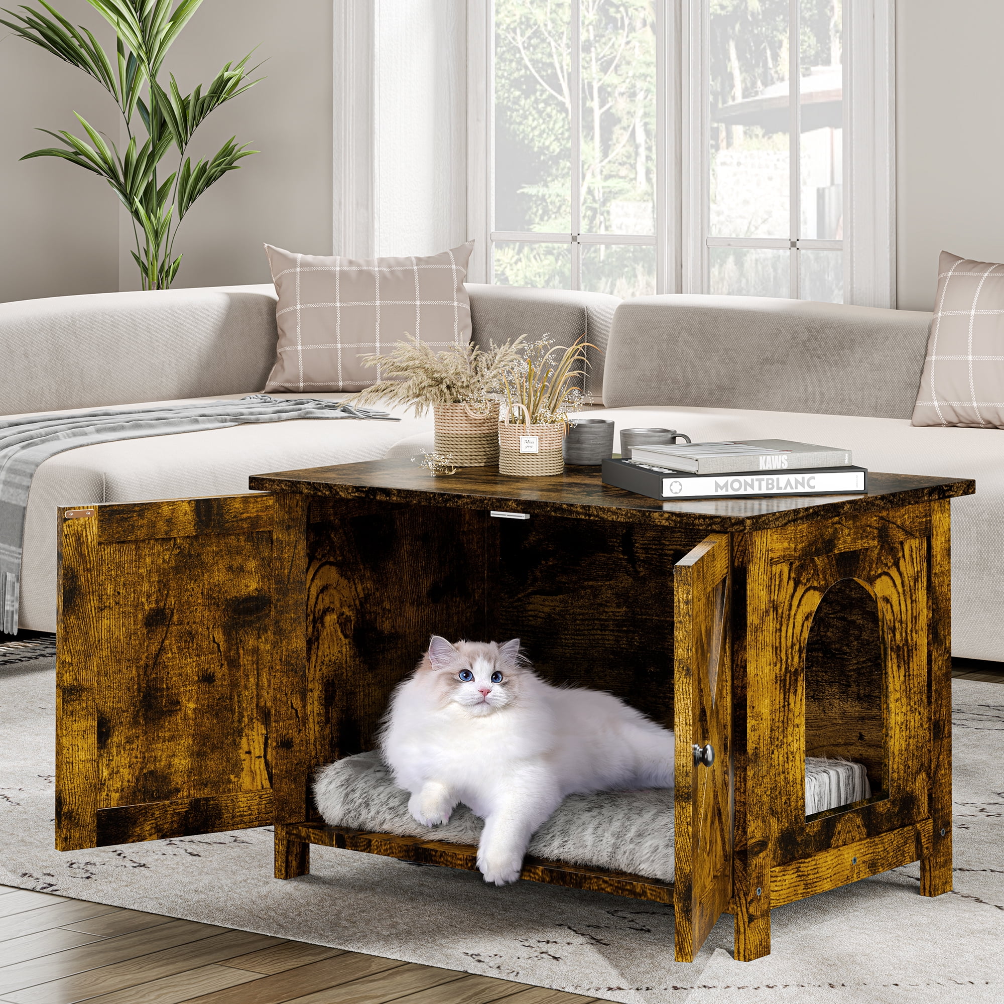 Walsunny Hidden Cat Litter Box Cat Washroom with Double Removable doors and Divider Indoor for Living Room Brown