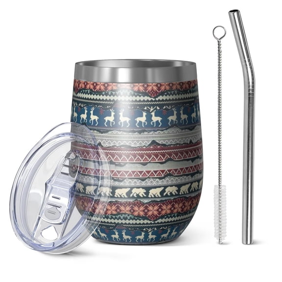 12oz Stemless Wine Tumblers Multicolor Christmas Reindeer Pattern Vacuum Insulated Stainless Steel Travel Tumbler Cups Mug with Lid and Straw for Champaign,Cocktail,Beer with Cleaning Brush