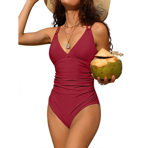 Charmo Women V Neck One Piece Swimsuits Tummy Control Runched Monokini Bathing Suits