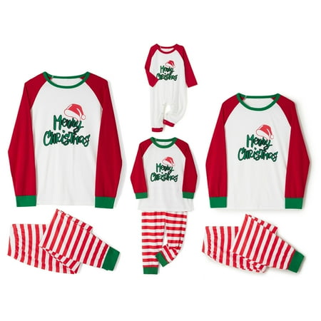 

QILINXUAN Matching Family Christmas Pajamas Set Long Sleeve Letter Santa Hat Print Tops + Striped Pants Set