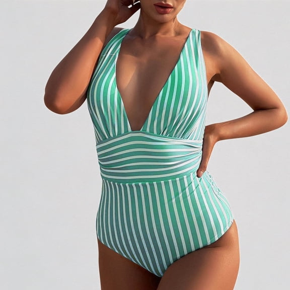 Gyujnb Women's Striped One-Piece Swimsuit, Plunge V Neck Wrap Waist Monokini Bathing Suit,L